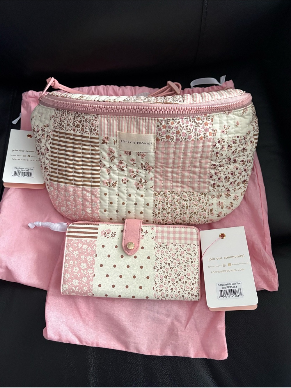Poppy & Peonies Pink Patchwork Quilted Large Sidekick and Wallet Set